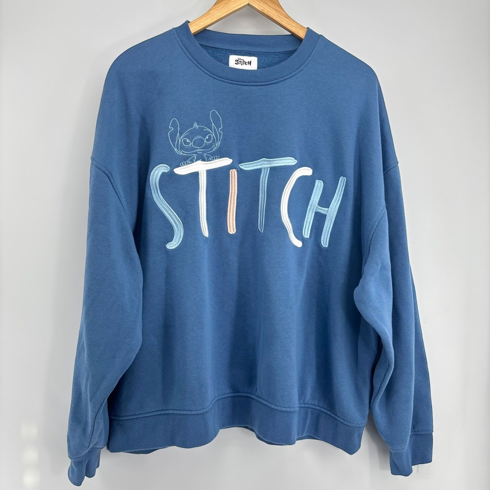 Disney Stitch Primark Sweatshirt Women L Blue Oversized Embroidered Crewneck